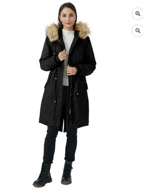 Wenven Black Coat with Faux Fur Hood XL NWT